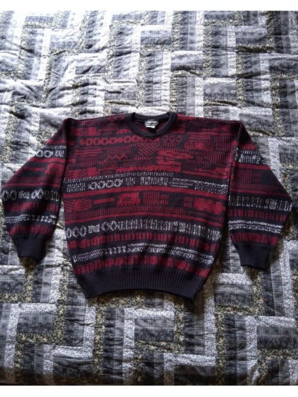 VTG 1980s Moores Black & Red Geometric Abstract Pattern Sweater Adult Large